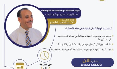 ورشة العمل بعنوان استراتيجيات اختيار موضوع البحث لمساعدتك في إيجاد موضوع جديد ومبتكر لرسالتك في الماجستير أو الدكتوراة