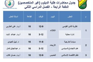 جدول محاضرات الدفعة الرابعة دبلوم غير المتخصصيين سياسية