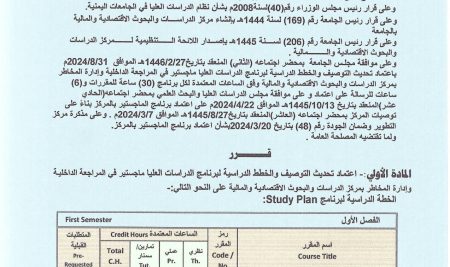 Approval of the Update of the Description and Study Plans for the Master’s Program in Internal Audit and Risk Management at Sana’a University