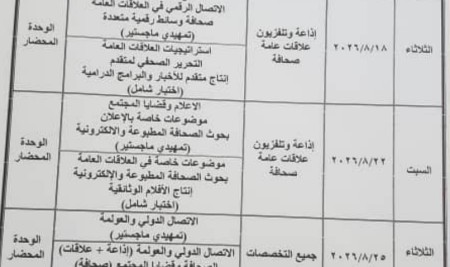 كلية الإعلام بجامعة صنعاء تحدد موعد اختبارات الفصل الدراسي الثاني لطلاب الدراسات العليا