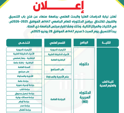فتح باب التنسيق والقبول للالتحاق ببرامج الدكتوراه للعام الجامعي 1447هـ الموافق 2025–2026م