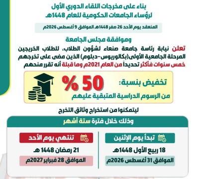 تخفيض بنسبة 50% من الرسوم الدراسية المتبقية عليهم للطلاب الذين مضى على تخرجهم أكثر من خمس سنوات